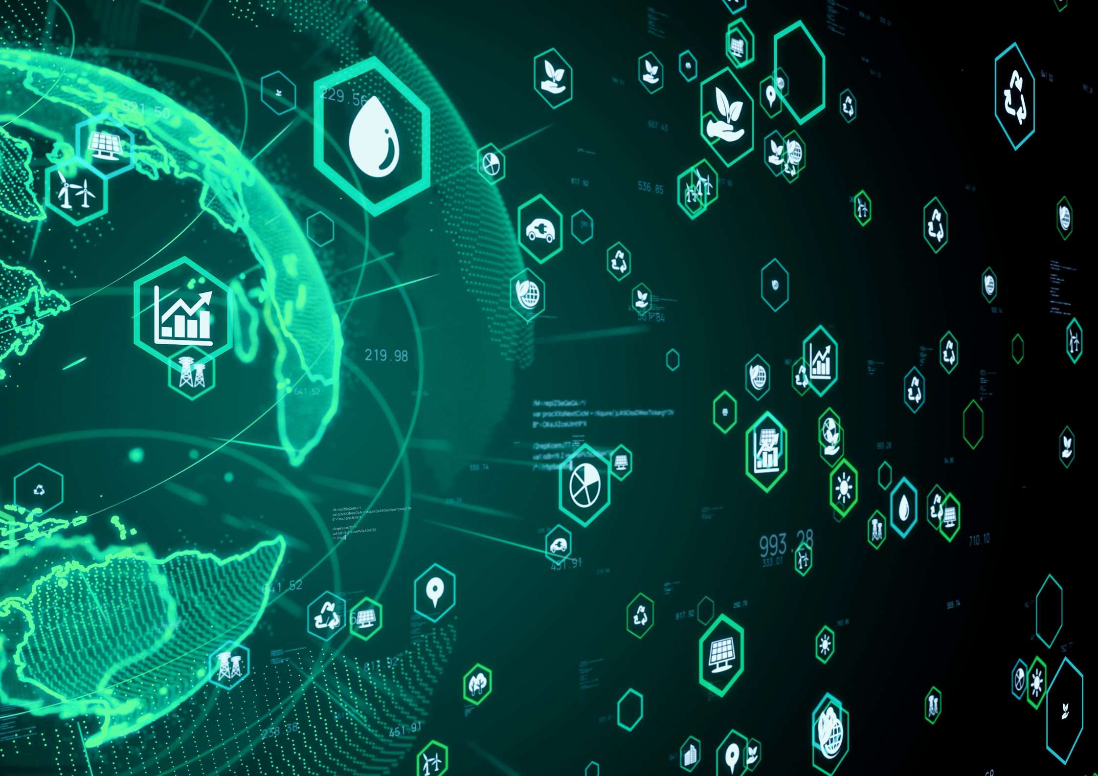 Digital globe with eco-friendly technology icons.